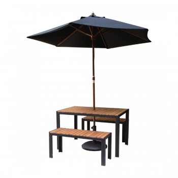 Terrasse Tisch 180 cm x 90 tief mit 2 Bänke und Sonnenschirm