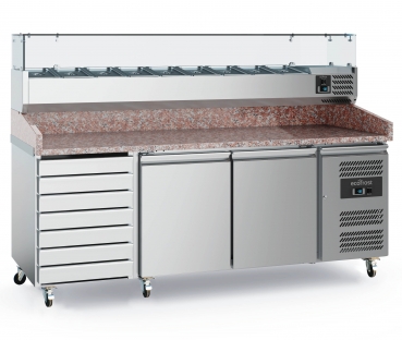Pizzakühltisch 3 Türig und 7 Schubladen 2000 mm mit Kühlaufsatzvitrine