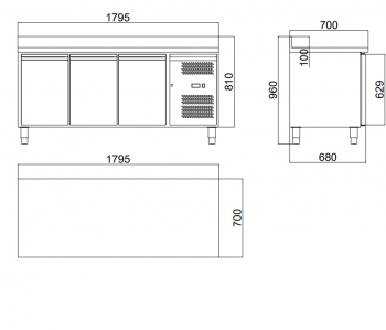 Preview: 700 Kühltisch 3-türig mit Aufkantung - 415 l
