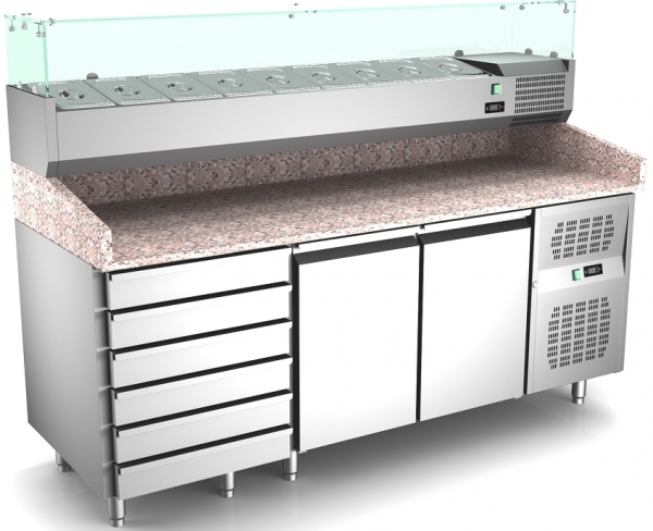 Pizzatisch mit 2x Türen + 6x Schubladen 600x400 L= 2045, +2°C/+8°C